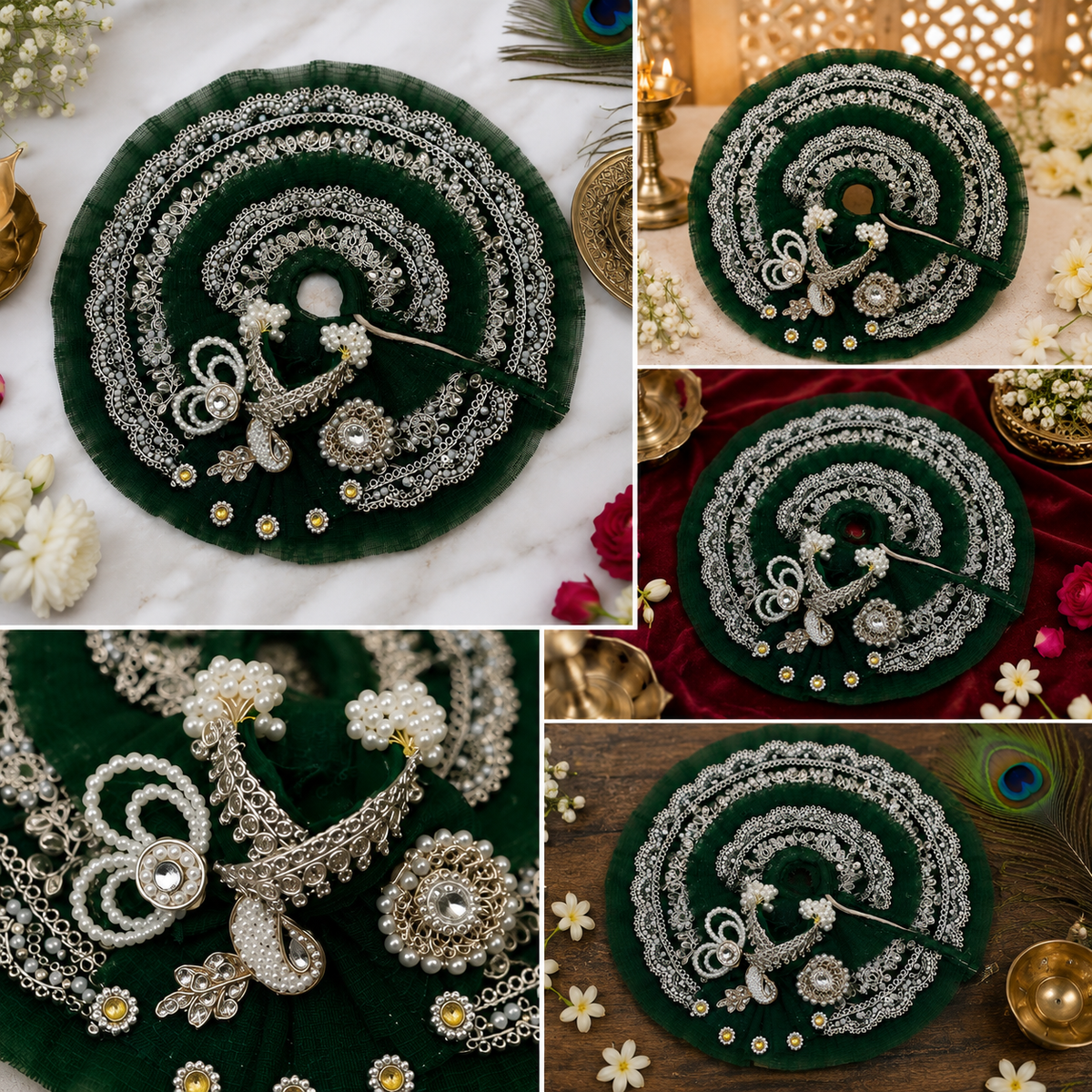 Dark Green Designer Laddu Gopal Poshak | Handmade Krishna Ji Dress with Mukut