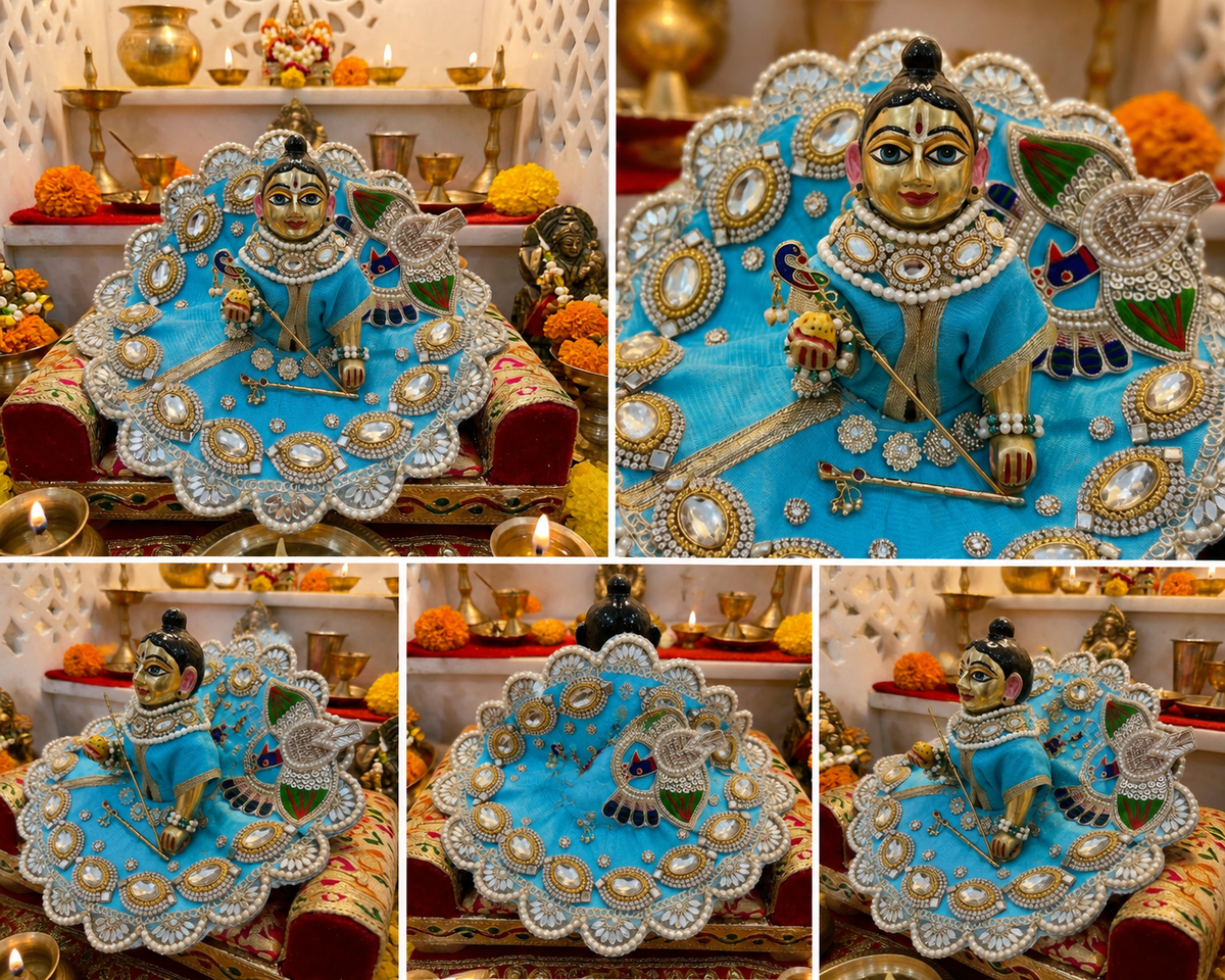 Skyblue Laddu Gopal Poshak with Peacock Design, Kundan Stone & Pearl Work