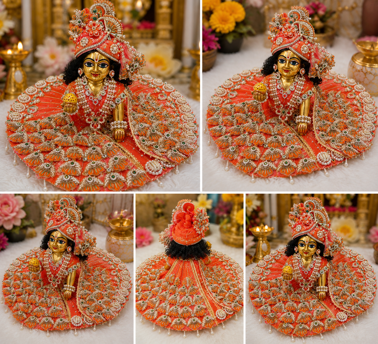 Premium Orange Laddu Gopal Poshak with Mukut | Handmade Dress