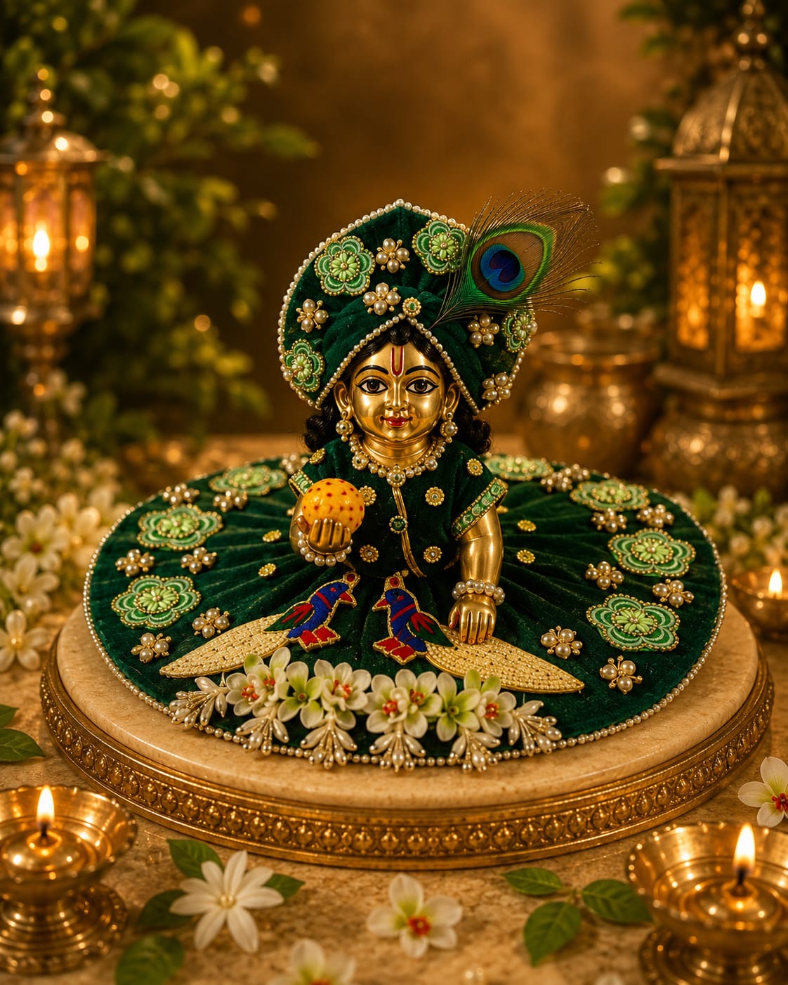 Green Velvet Laddu Gopal Dress with Mukut | Krishna Poshak