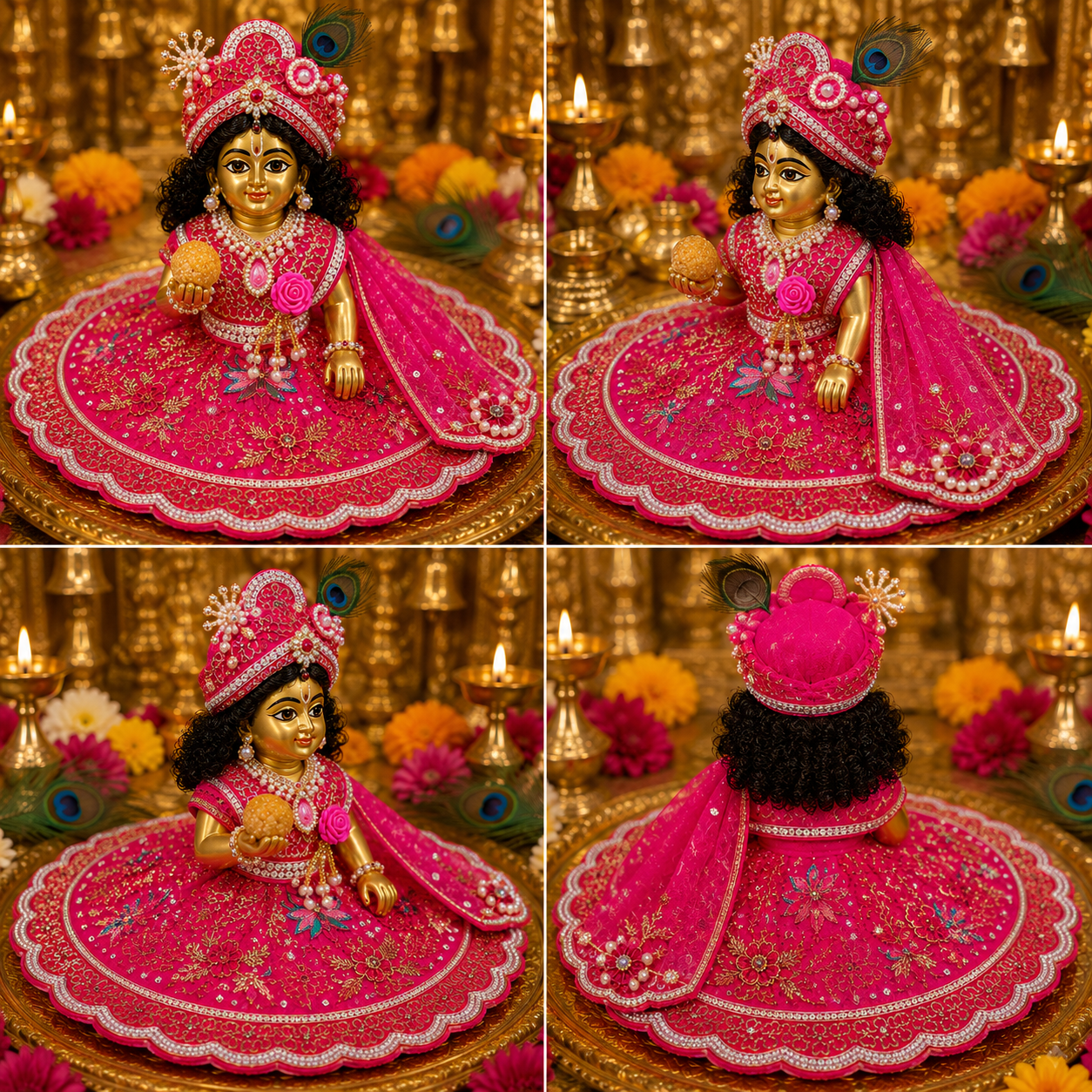 Luxury Laddu Gopal Poshak Set | Handmade Pink Krishna Ji Dress with Floral Embroidery