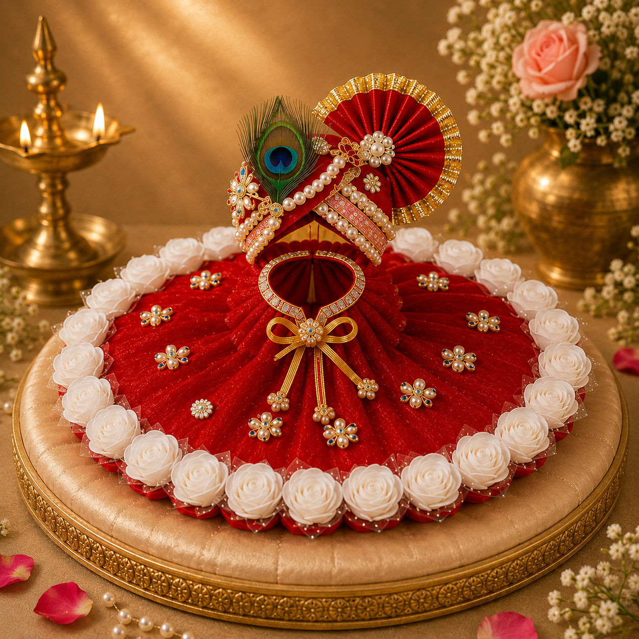 Premium Red Laddu Gopal Poshak with Mukut | Handmade Dress