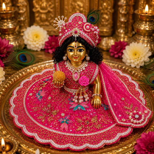 Luxury Laddu Gopal Poshak Set | Handmade Pink Krishna Ji Dress with Floral Embroidery