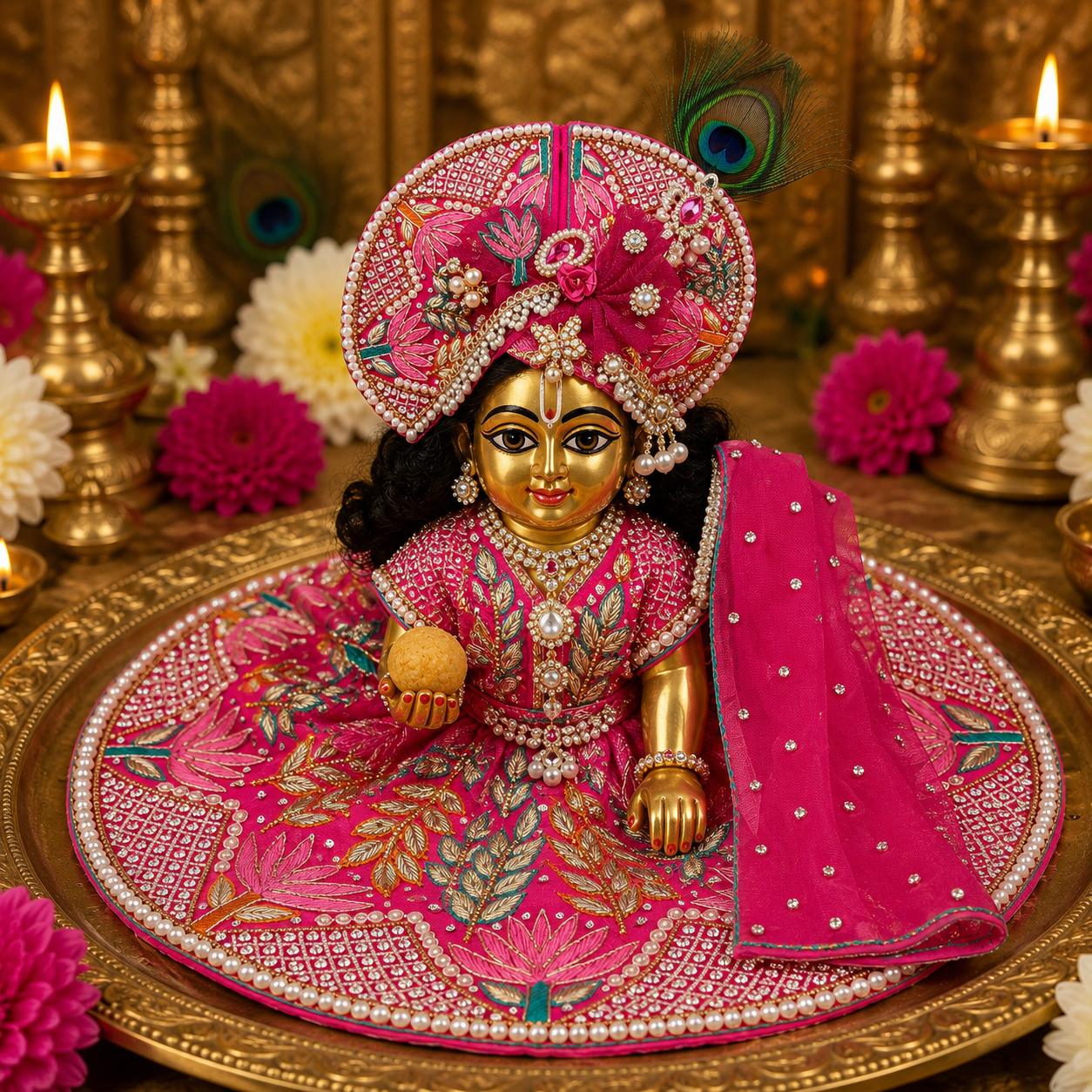 Designer Pink Laddu Gopal Poshak for Krishna Ji | Heavy Pearl Work Dress