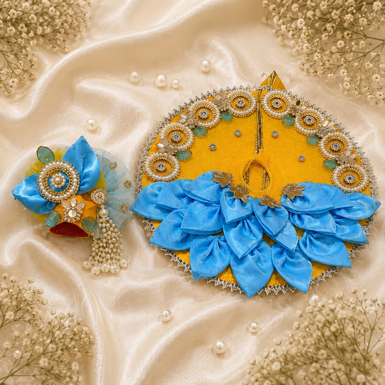Designer Laddu Gopal Poshak Yellow & Blue | Premium Kanha Ji Dress