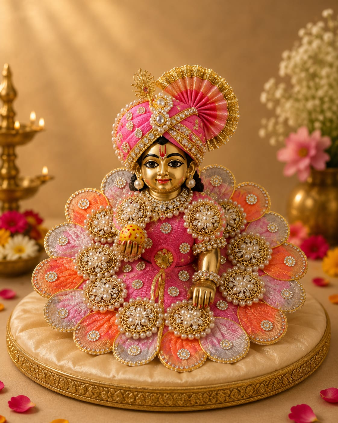 Premium Pink Laddu Gopal Poshak with Pearl Designer Mukut