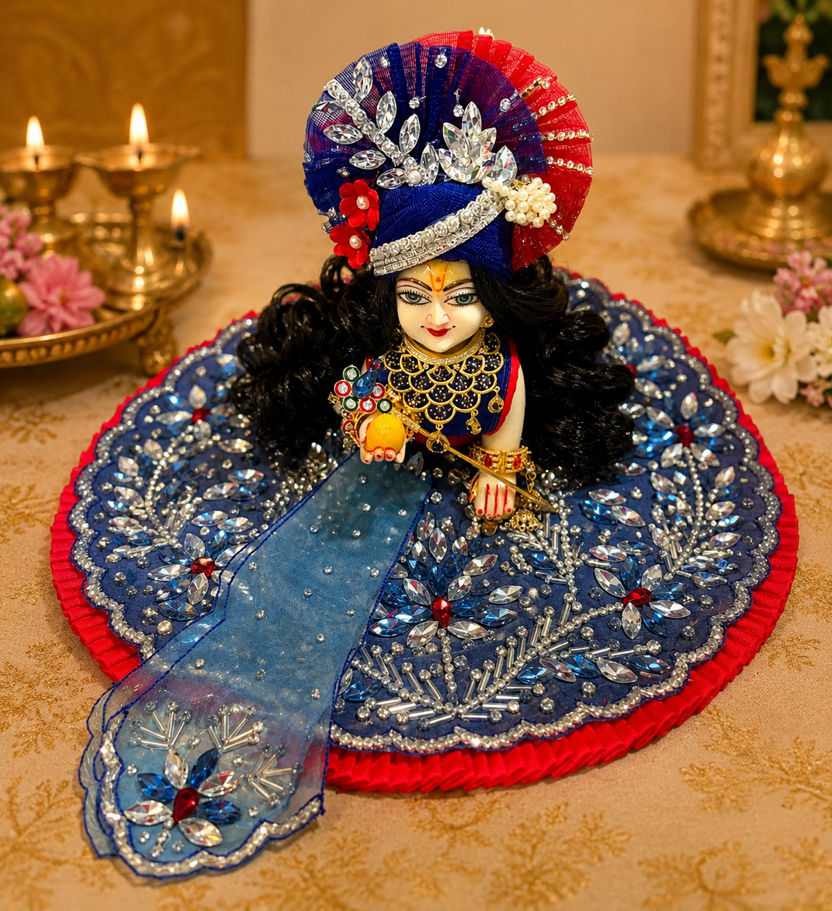 Premium Blue Red Laddu Gopal Poshak with Designer Mukut