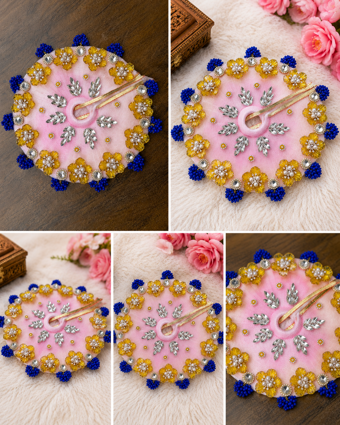 Pink Designer Laddu Gopal Poshak with Golden Flower, Pearl & Blue Bead Work