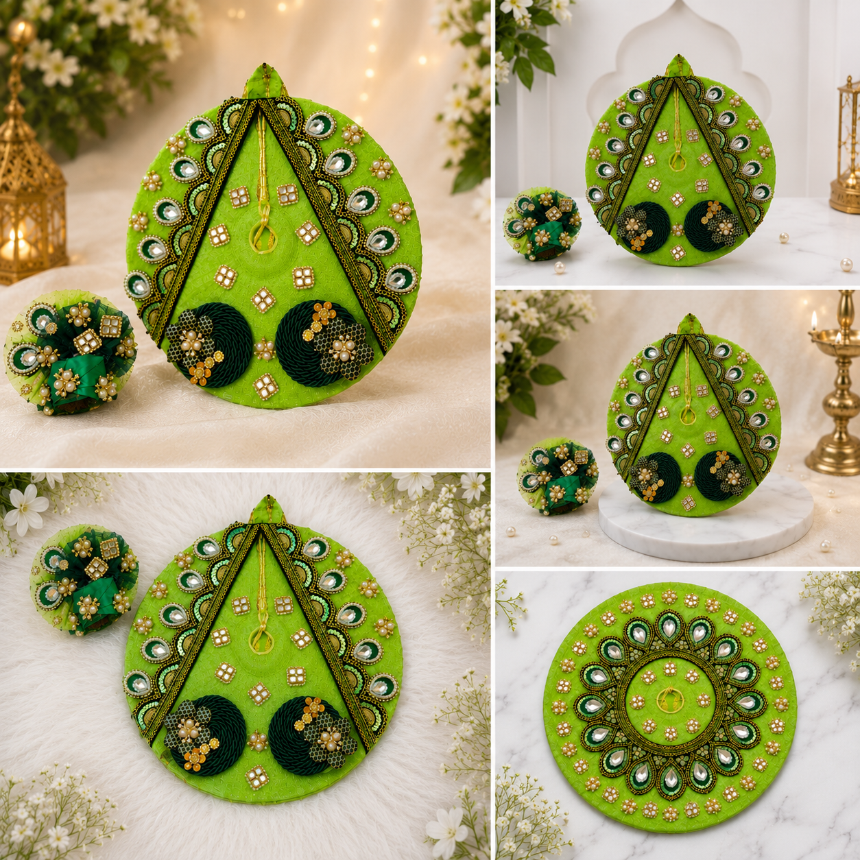 Designer Green Laddu Gopal Dress | Premium Bal Gopal Poshak with Mukut & Jewellery