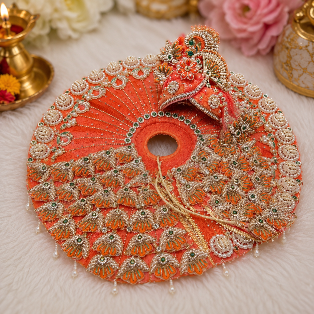 Premium Orange Laddu Gopal Poshak with Mukut | Handmade Dress