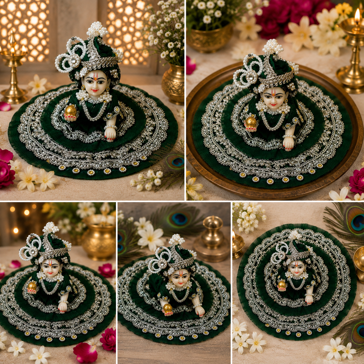Dark Green Designer Laddu Gopal Poshak | Handmade Krishna Ji Dress with Mukut