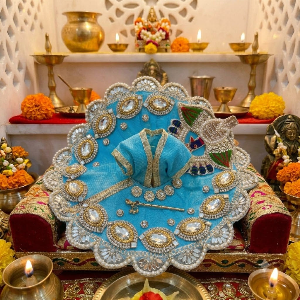 Skyblue Laddu Gopal Poshak with Peacock Design, Kundan Stone & Pearl Work