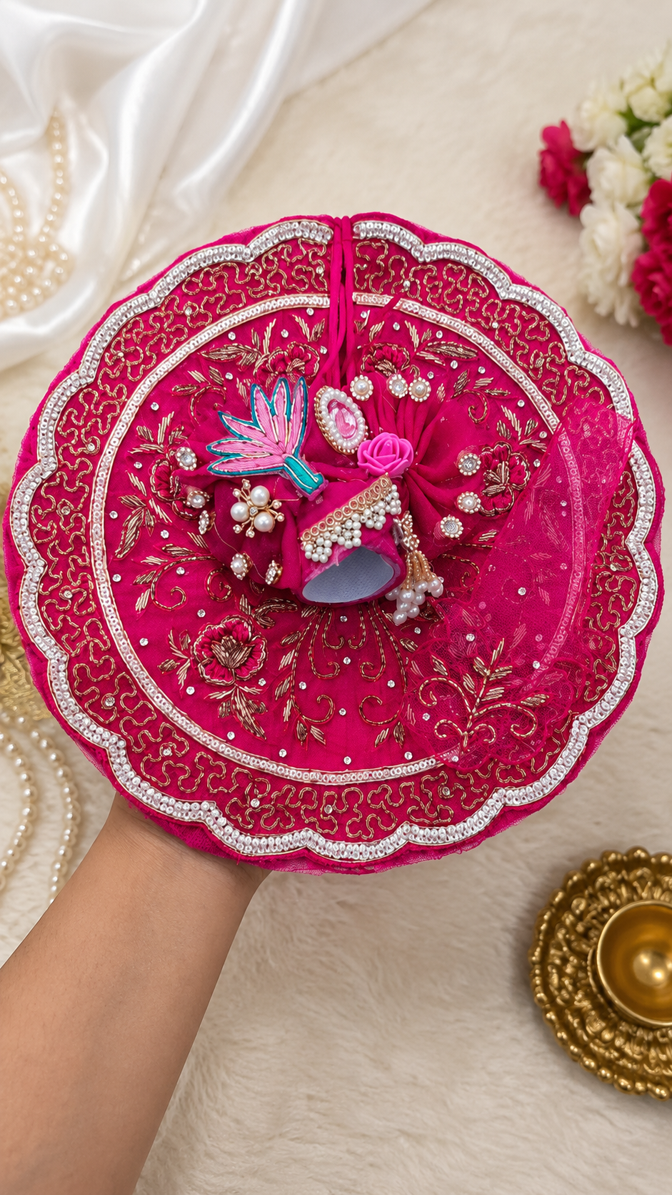 Luxury Laddu Gopal Poshak Set | Handmade Pink Krishna Ji Dress with Floral Embroidery
